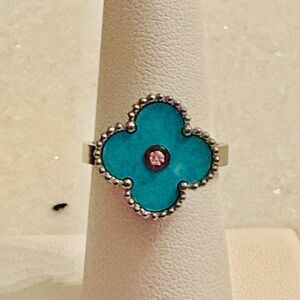 NEW Ring 18k White Gold Plated Turquoise Flower Faux Diamond ONE Size Adjust.